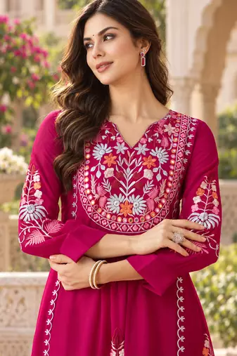 Women's faux georgette fabric thread embroidery kurta set with dupatta