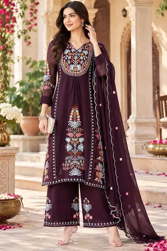 Women's faux georgette fabric thread embroidery kurta set with dupatta