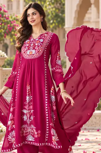 Women's faux georgette fabric thread embroidery kurta set with dupatta