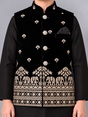 Boys black cotton blend kurta trouser set with velvet floral elephant embroidered waistcoat 3
