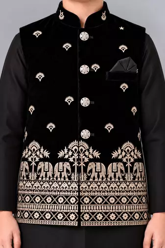 Boys black cotton blend kurta trouser set with velvet floral elephant embroidered waistcoat
