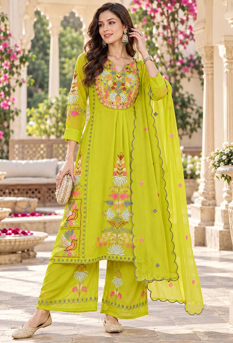 Women's faux georgette fabric thread embroidery kurta set with dupatta