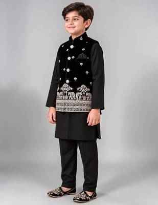 Boys black cotton blend kurta trouser set with velvet floral elephant embroidered waistcoat 4
