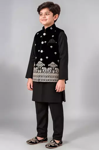 Boys black cotton blend kurta trouser set with velvet floral elephant embroidered waistcoat