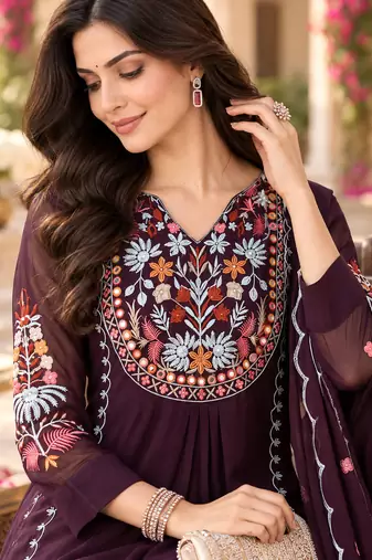 Women's faux georgette fabric thread embroidery kurta set with dupatta