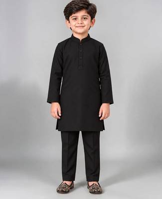 Boys black cotton blend kurta trouser set with velvet floral elephant embroidered waistcoat 5