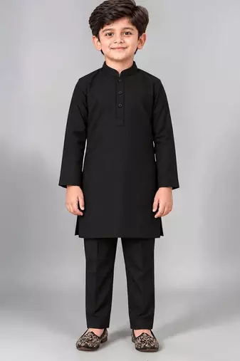 Boys black cotton blend kurta trouser set with velvet floral elephant embroidered waistcoat