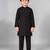 Boys black cotton blend kurta trouser set with velvet floral elephant embroidered waistcoat