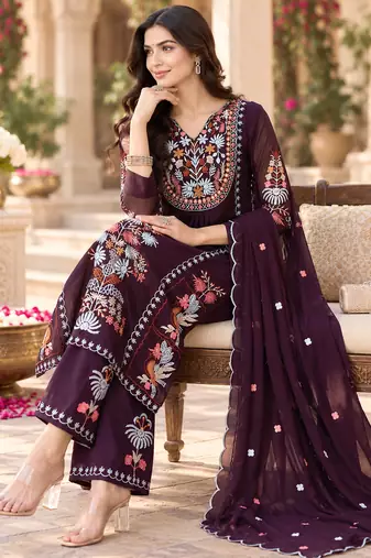 Women's faux georgette fabric thread embroidery kurta set with dupatta