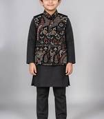 Boys black cotton blend kurta trouser set with velvet floral embroidered sequined waistcoat