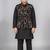 Boys black cotton blend kurta trouser set with velvet floral embroidered sequined waistcoat