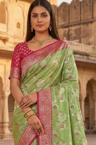 Lime floral silk blend banarasi saree