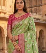 Lime floral silk blend banarasi saree