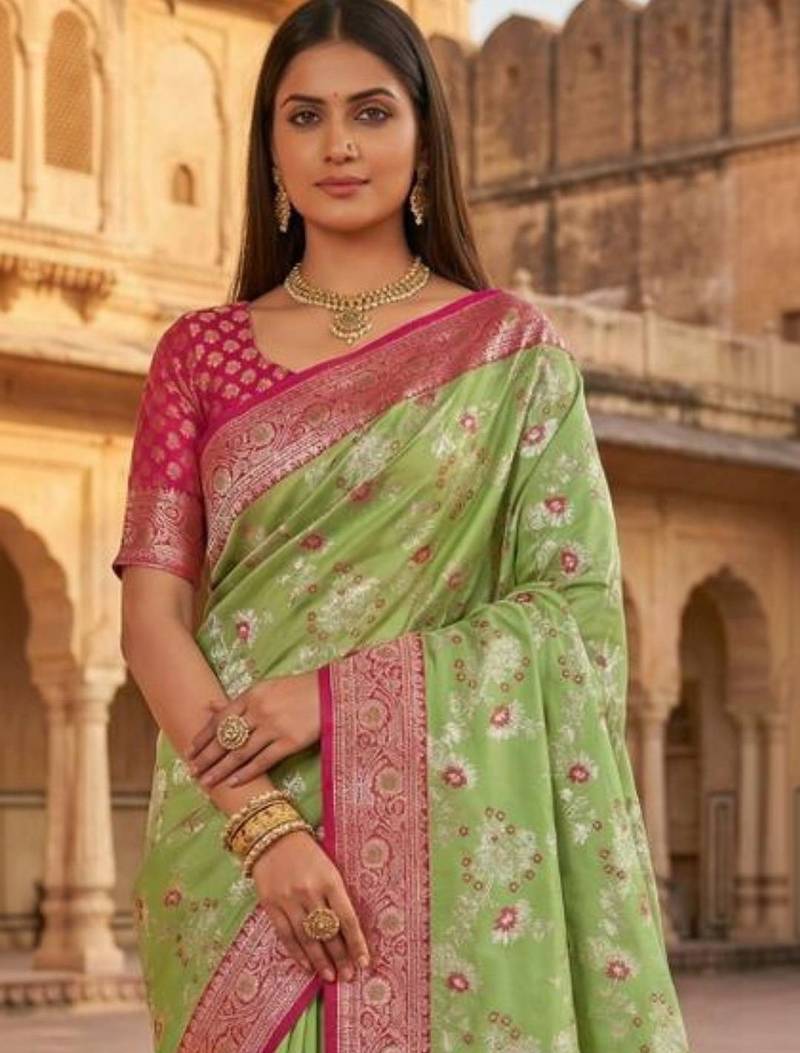 Lime floral silk blend banarasi saree
