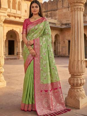 Lime floral silk blend banarasi saree 2
