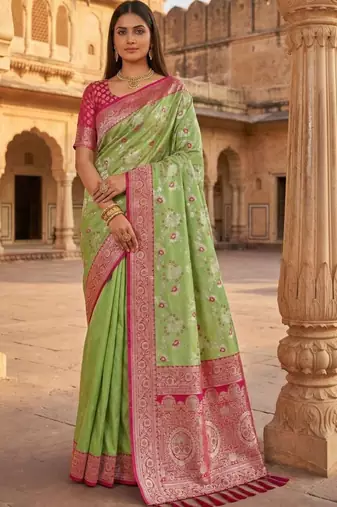 Lime floral silk blend banarasi saree