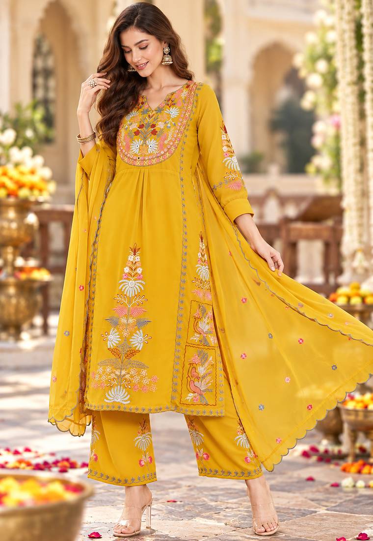 Women's faux georgette fabric thread embroidery kurta set with dupatta