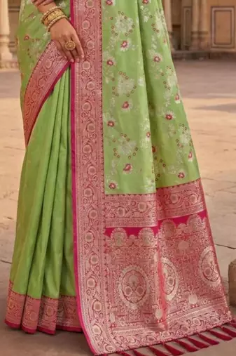 Lime floral silk blend banarasi saree