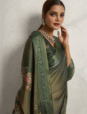 Green floral embellished woven design zari tissue saree 1