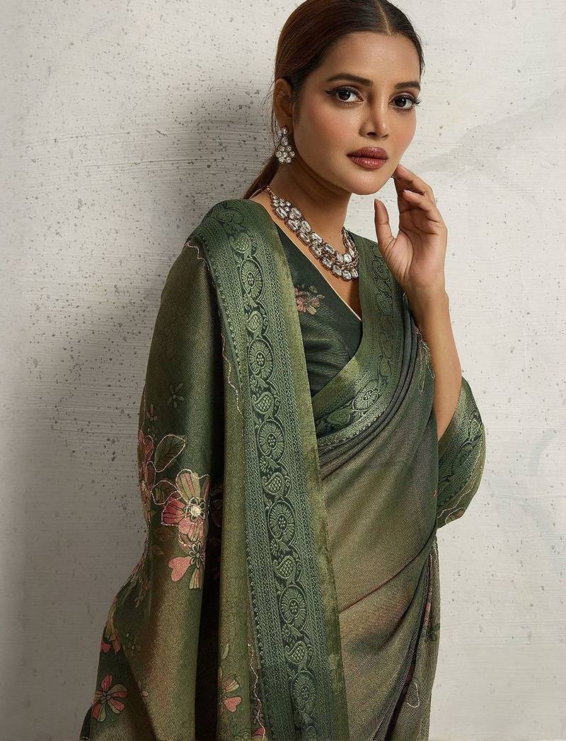 Green floral embellished woven design zari tissue saree