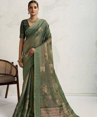 Green floral embellished woven design zari tissue saree 2