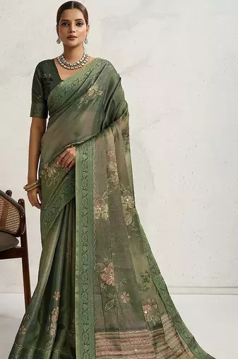Green floral embellished woven design zari tissue saree