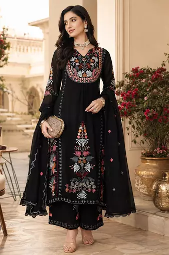 Women's faux georgette fabric thread embroidery kurta set with dupatta