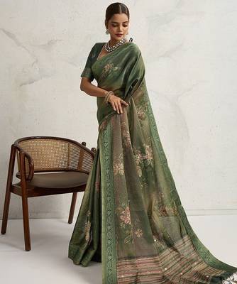 Green floral embellished woven design zari tissue saree 3