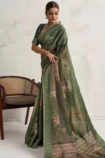 Green floral embellished woven design zari tissue saree