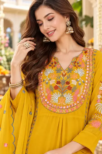 Women's faux georgette fabric thread embroidery kurta set with dupatta