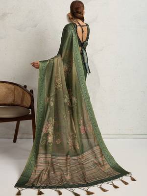 Green floral embellished woven design zari tissue saree 4