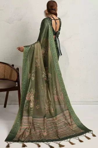 Green floral embellished woven design zari tissue saree