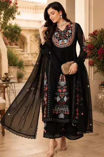 Women's faux georgette fabric thread embroidery kurta set with dupatta