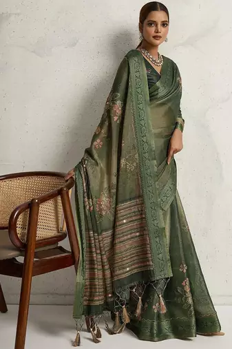 Green floral embellished woven design zari tissue saree