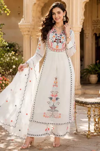 Women's faux georgette fabric thread embroidery kurta set with dupatta