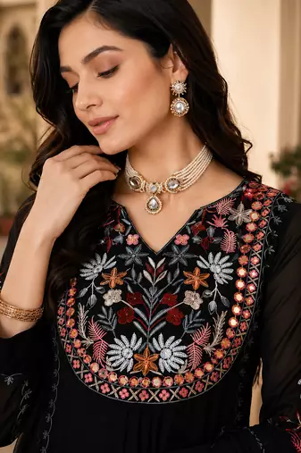 Women's faux georgette fabric thread embroidery kurta set with dupatta
