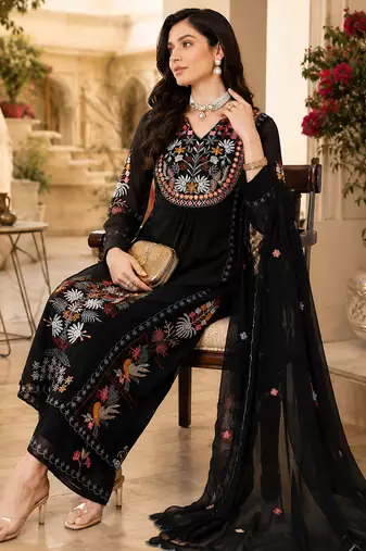 Women's faux georgette fabric thread embroidery kurta set with dupatta