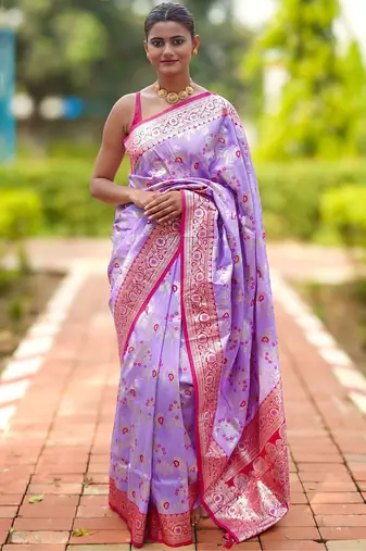 Lavender floral silk blend banarasi saree