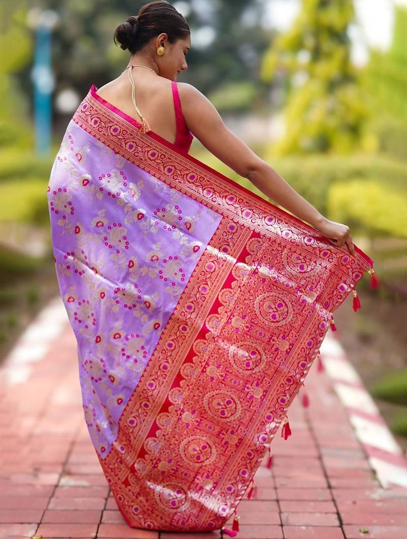 Lavender floral silk blend banarasi saree