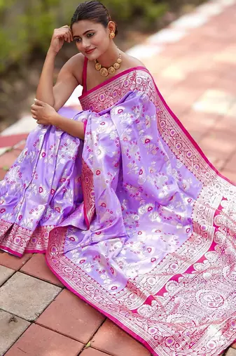 Lavender floral silk blend banarasi saree