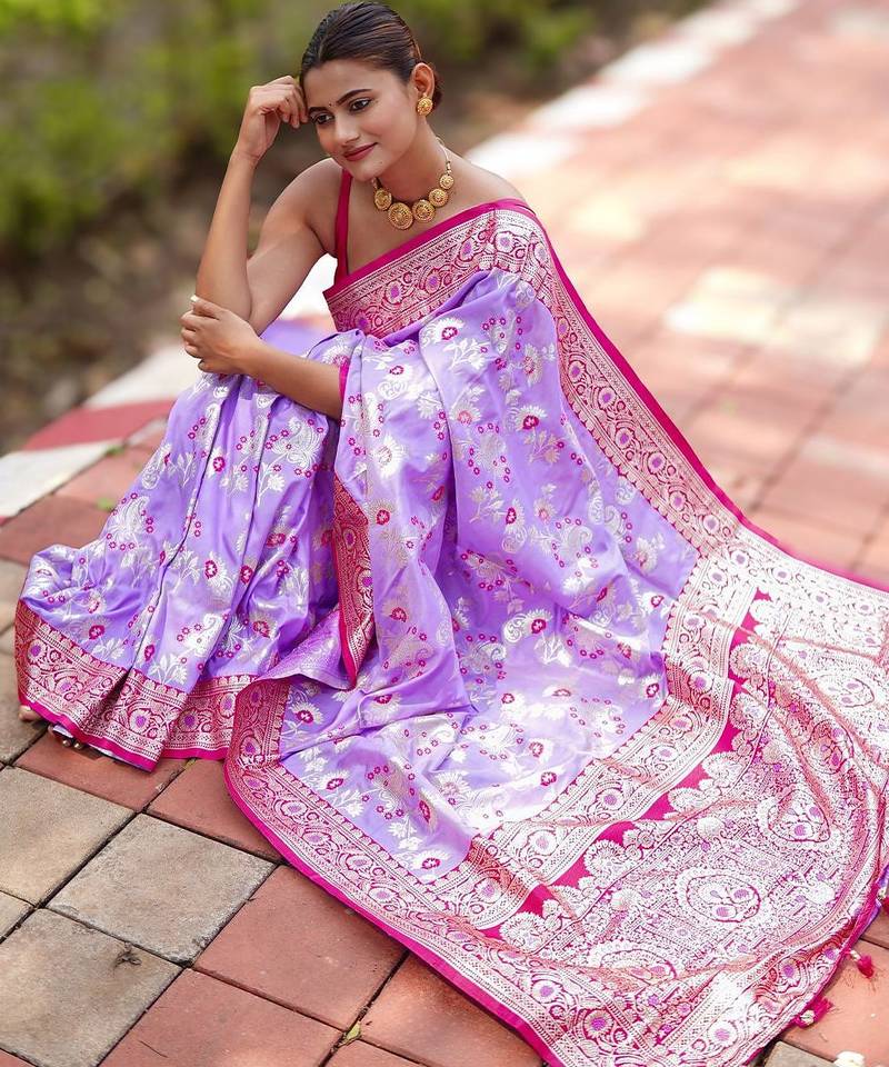 Lavender floral silk blend banarasi saree