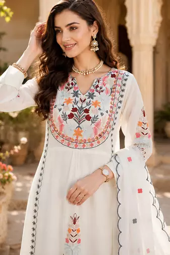Women's faux georgette fabric thread embroidery kurta set with dupatta