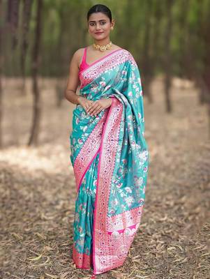 Teal floral silk blend banarasi saree 1