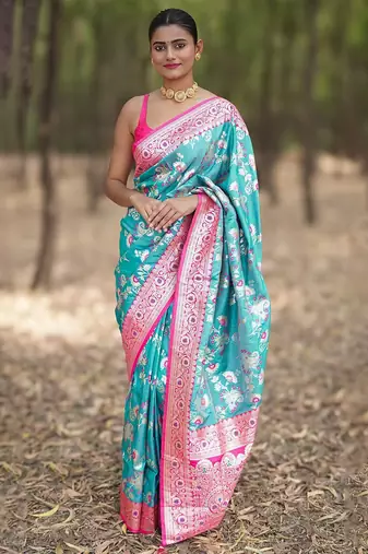 Teal floral silk blend banarasi saree