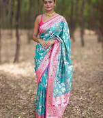 Teal floral silk blend banarasi saree