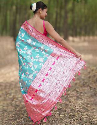 Teal floral silk blend banarasi saree 2