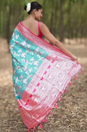 Teal floral silk blend banarasi saree