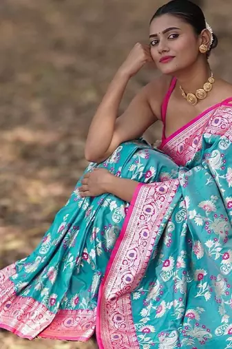 Teal floral silk blend banarasi saree