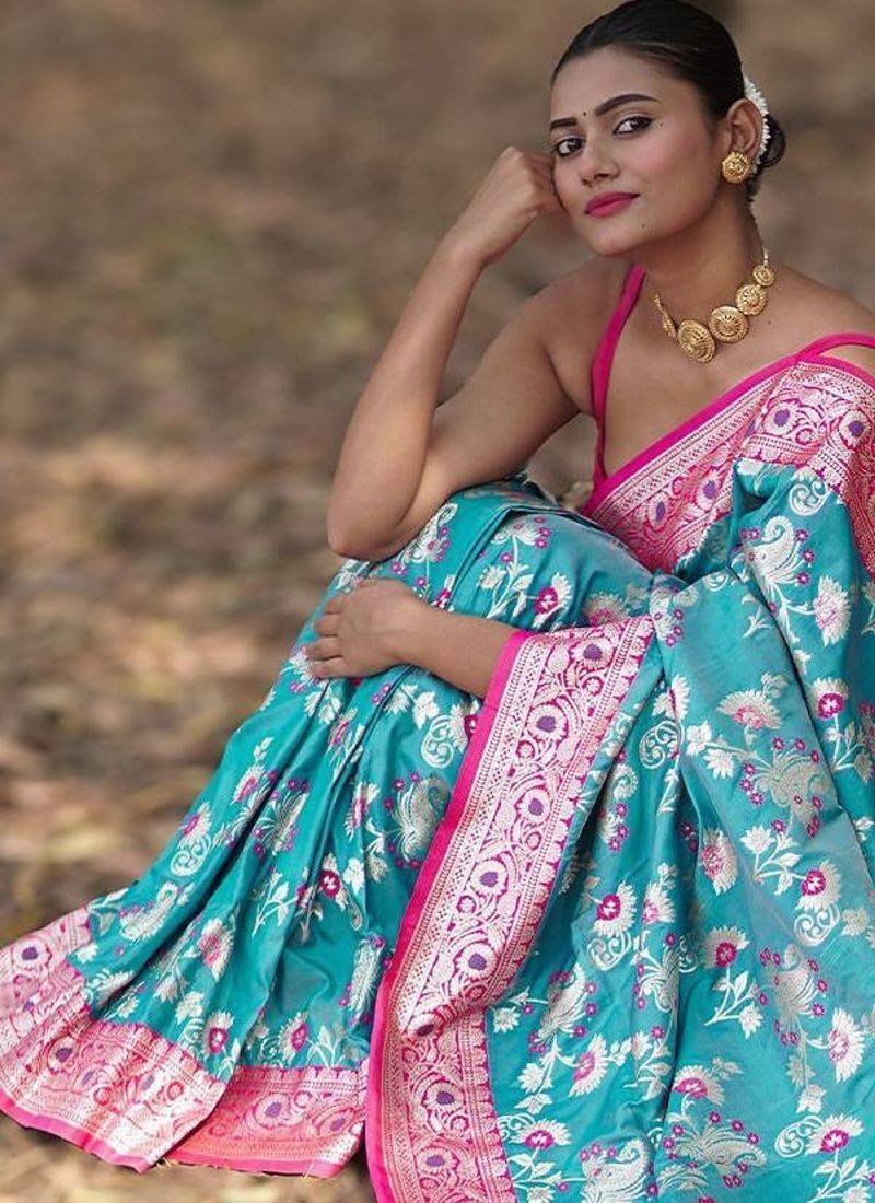 Teal floral silk blend banarasi saree