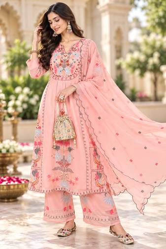 Women's faux georgette fabric thread embroidery kurta set with dupatta